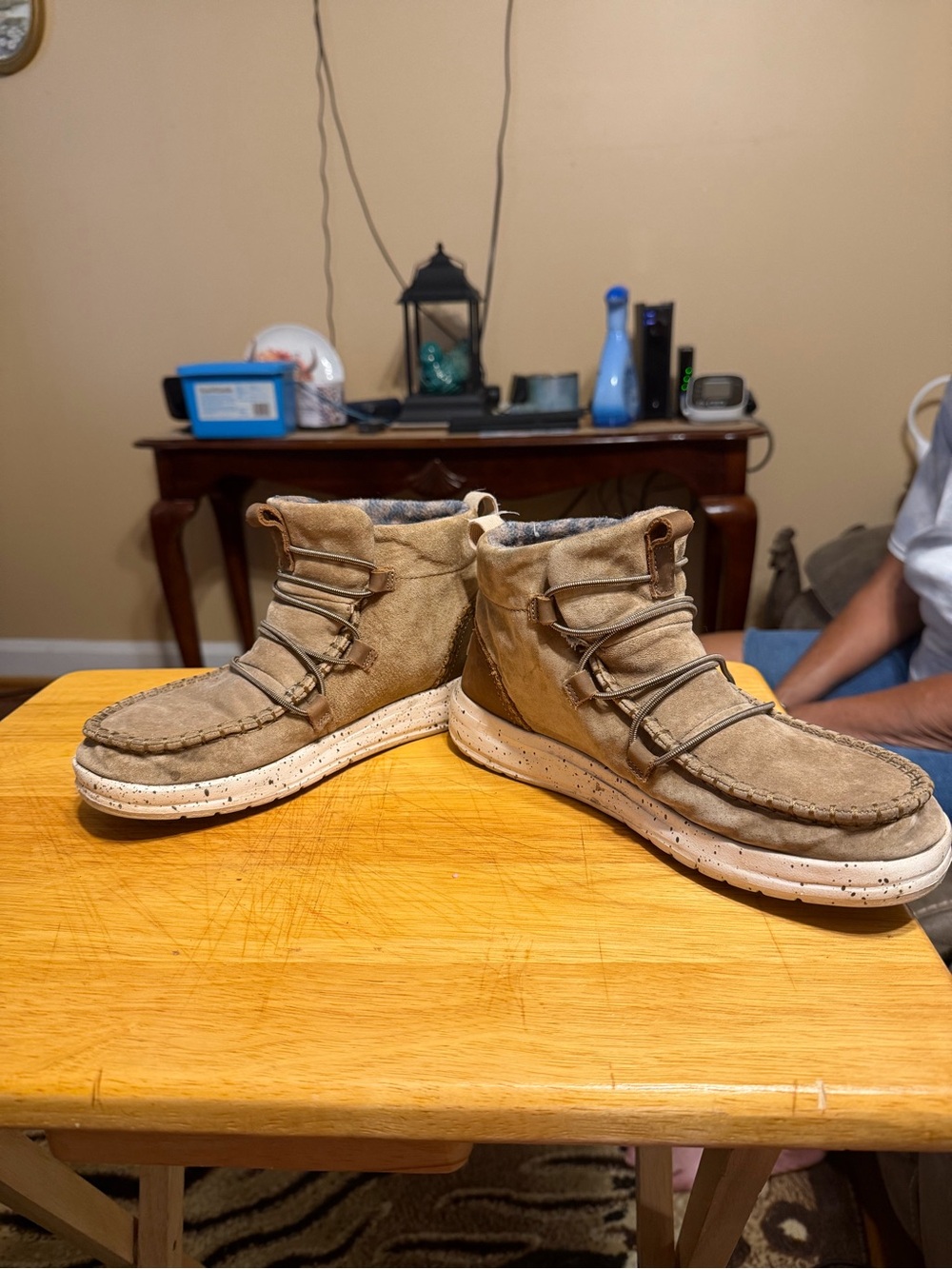Hey Dude Tan Suede Ankle Booties with White Speckled Sole